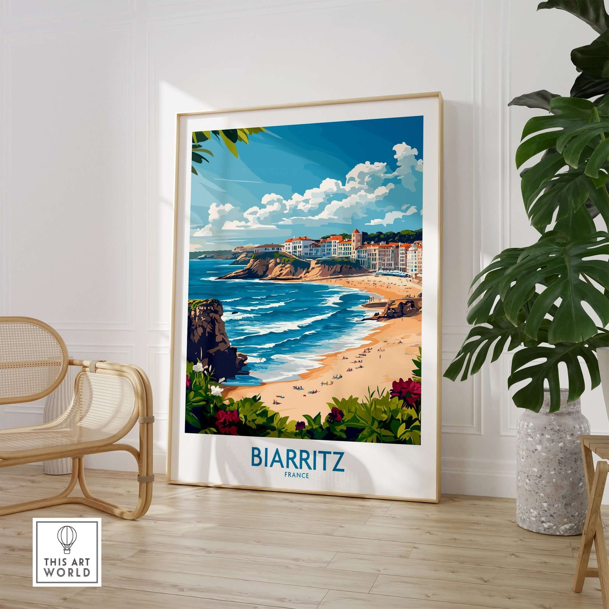 Biarritz Wall Art Print showcasing vibrant coastal scenery in a stylish interior setting. Perfect home decor piece.