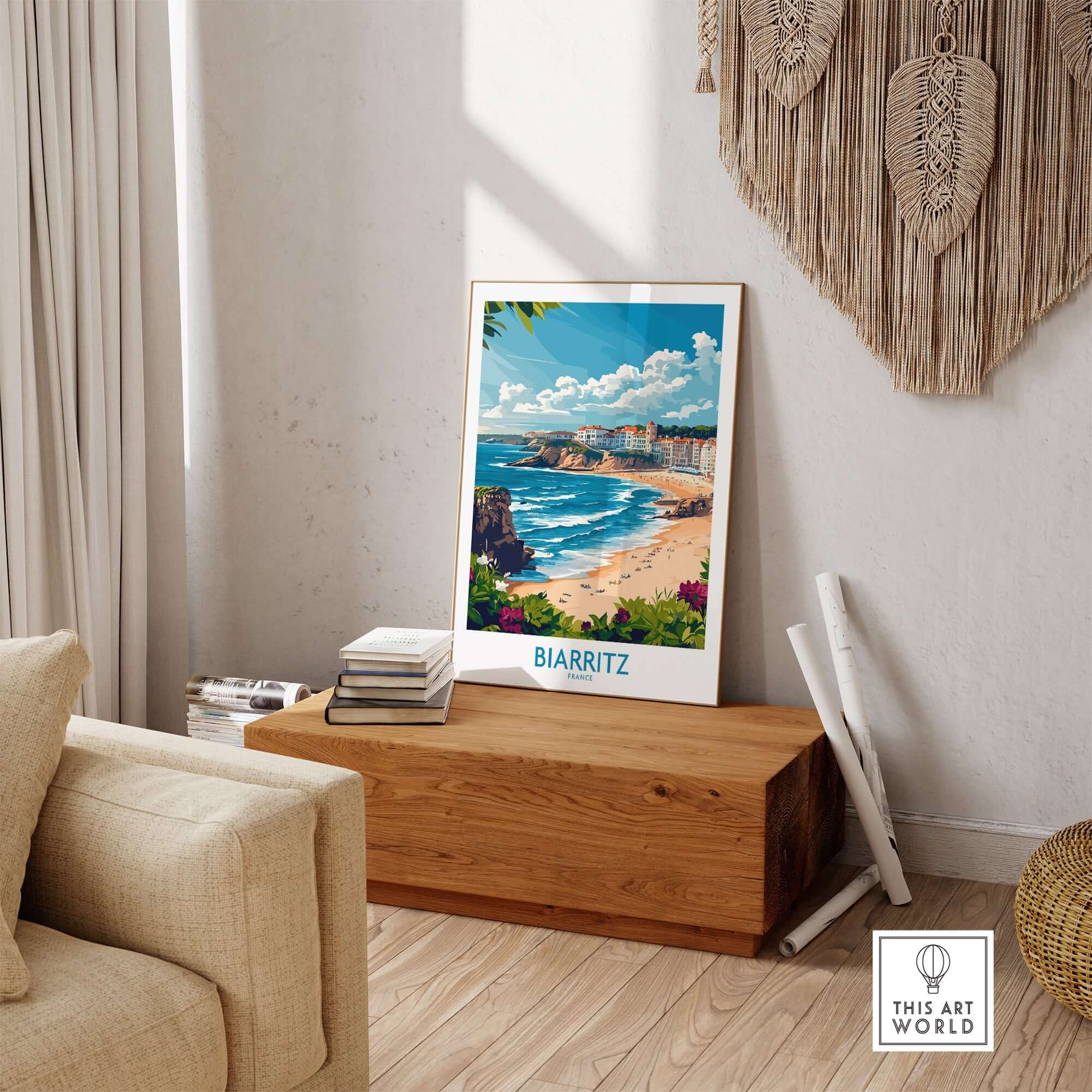 Biarritz Wall Art Print displayed in a stylish living room, showcasing vibrant coastal scenery and enhancing home decor.