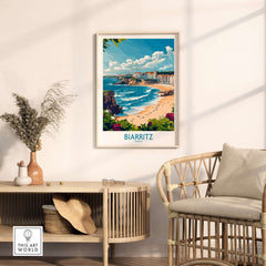Biarritz Wall Art Print displayed in a stylish room, showcasing coastal scenery and vibrant colors, enhancing home decor.