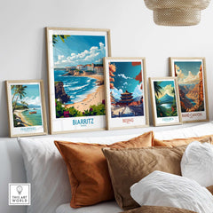 Biarritz Wall Art Print displayed among various travel-themed prints on a stylish interior wall.