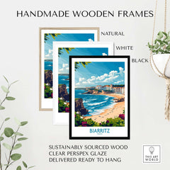 Biarritz Wall Art Print framed in natural, white, and black handmade wood frames.