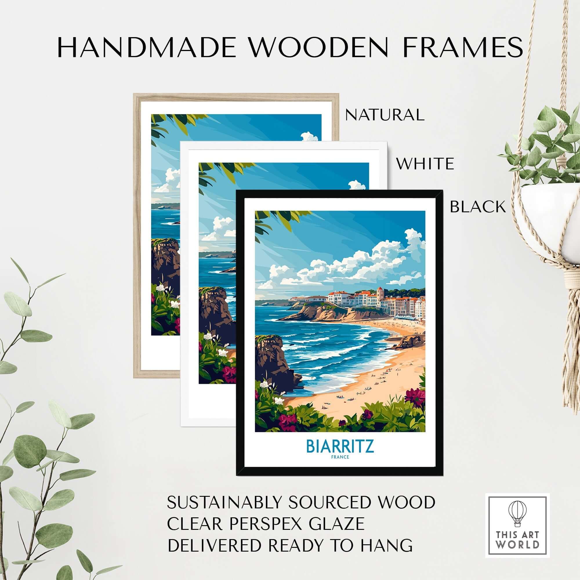 Biarritz Wall Art Print framed in natural, white, and black handmade wood frames.