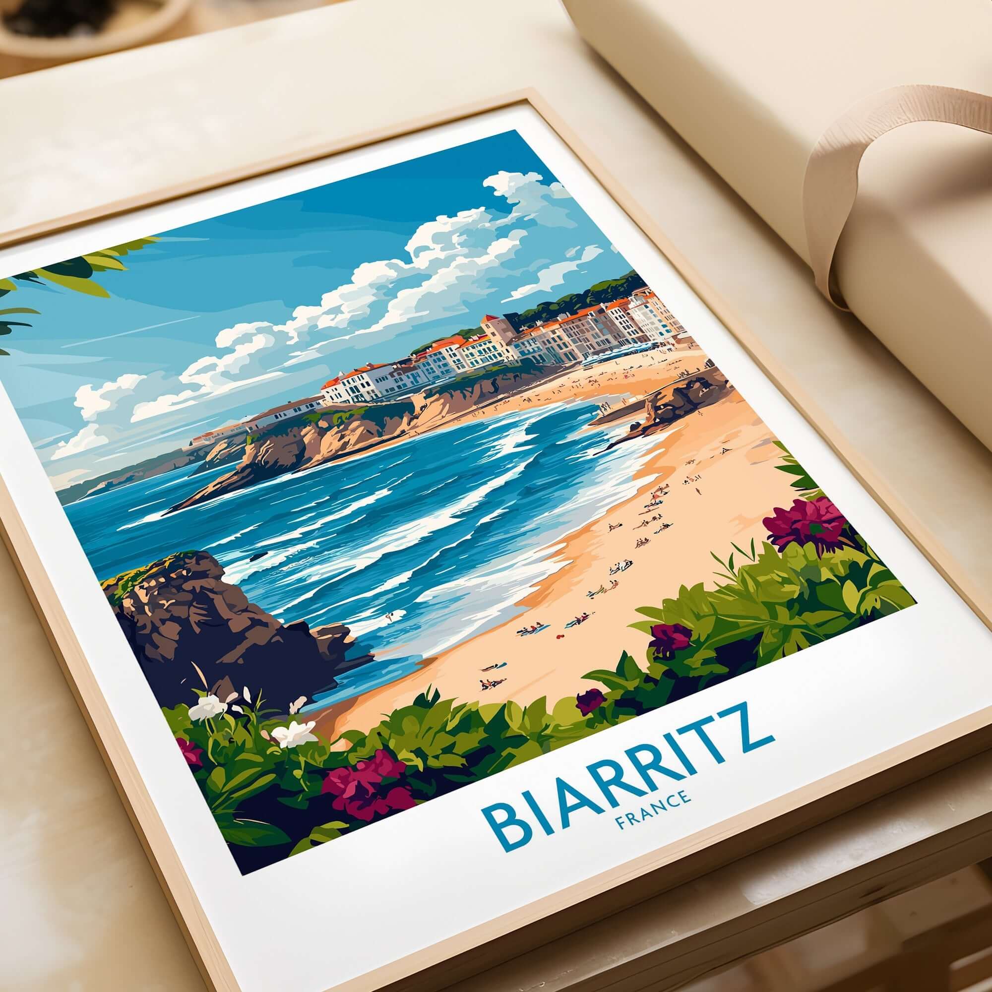 Biarritz Wall Art Print featuring a vibrant coastal scene with blue waters and sandy beaches in France.