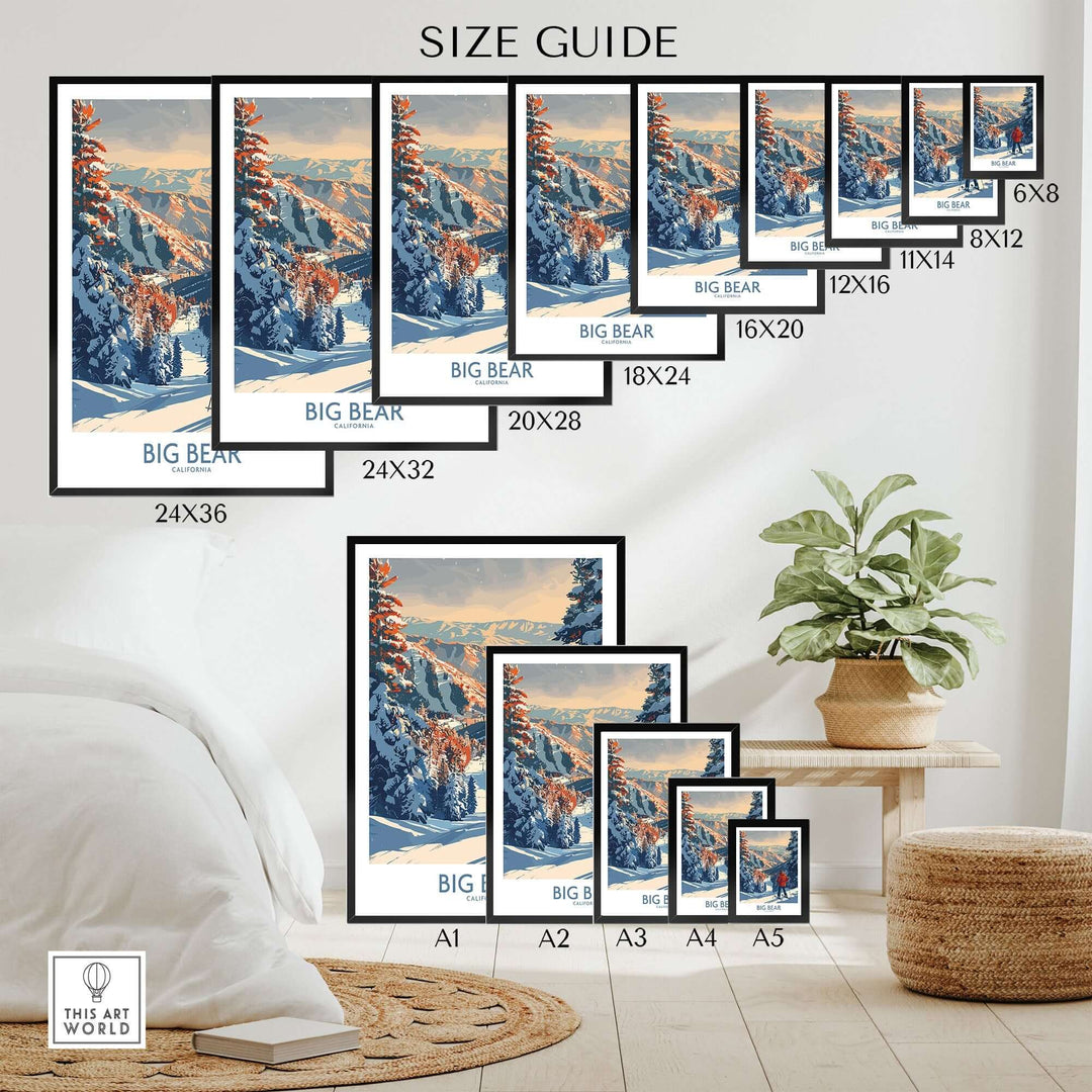 Size guide for Big Bear Ski Print showcasing various frame sizes in a stylish home setting. Perfect for skiing enthusiasts.