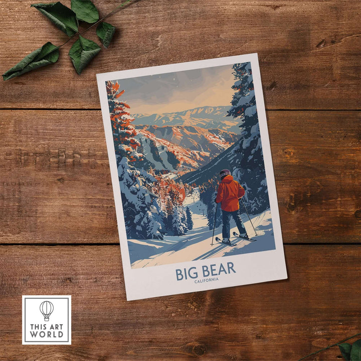 Big Bear Ski Print showcasing California's mountains with a skier in vibrant colors on a wooden backdrop. Perfect for ski enthusiasts.