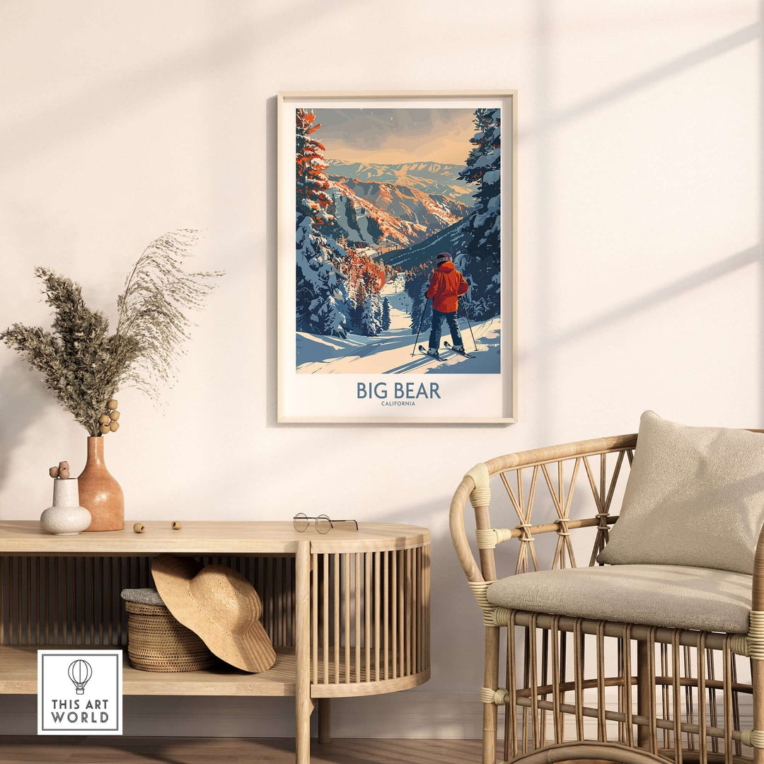 Big Bear Ski Print in a cozy home setting, showcasing snowy mountains and a skier, perfect for winter decor enthusiasts.