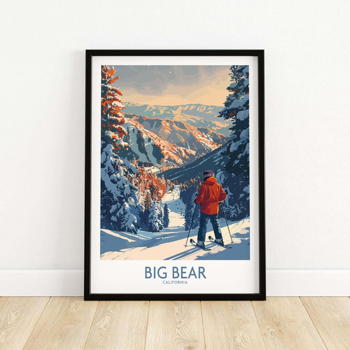 Big Bear Ski Print showcasing a skier in stunning California mountains, perfect for ski enthusiasts and home decor.