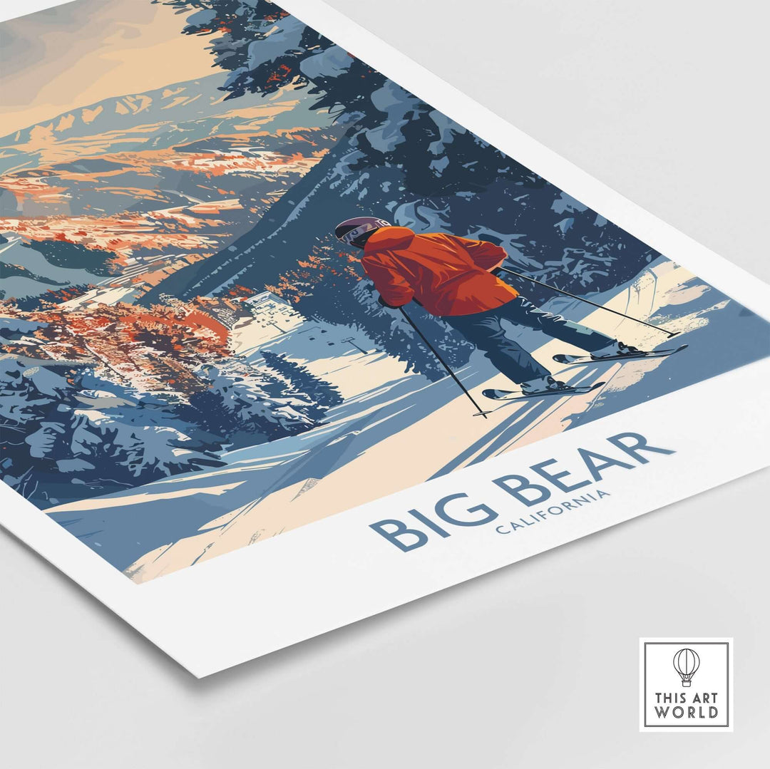 Big Bear Ski Print featuring a skier in vibrant orange coat against snowy California mountains, perfect for ski enthusiasts.