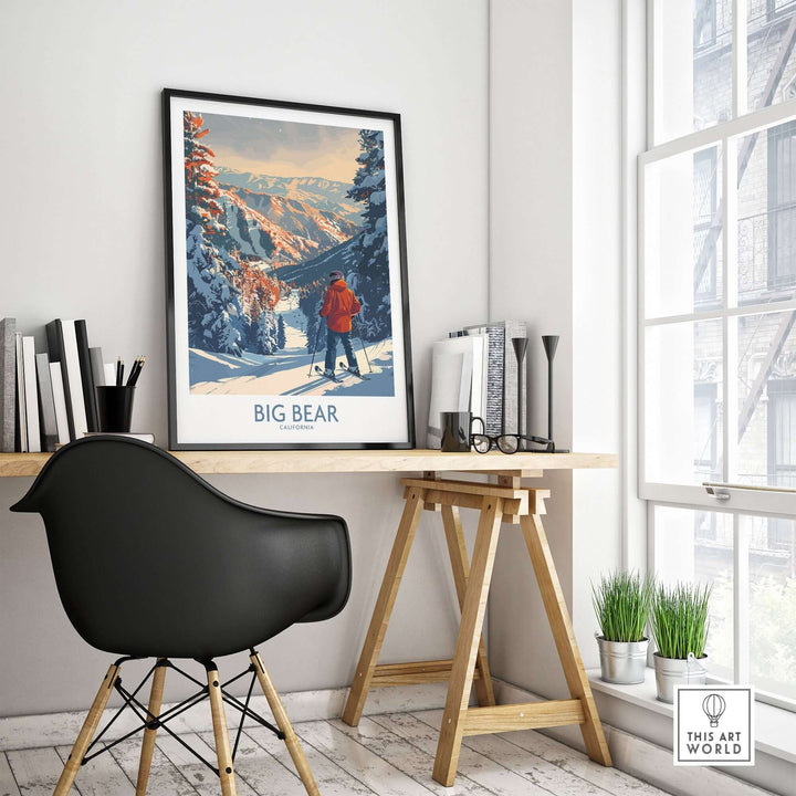 Big Bear Ski Print in a stylish home office setting, showcasing California mountains and skiing adventure decor.