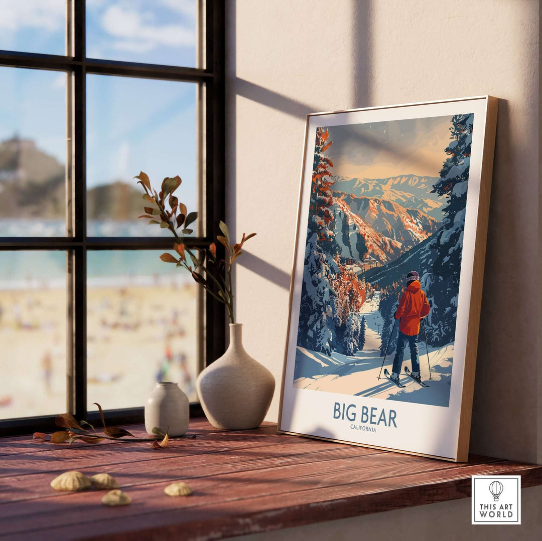 Big Bear Ski Print showcasing California mountains, perfect for ski enthusiasts, displayed in a cozy interior setting.