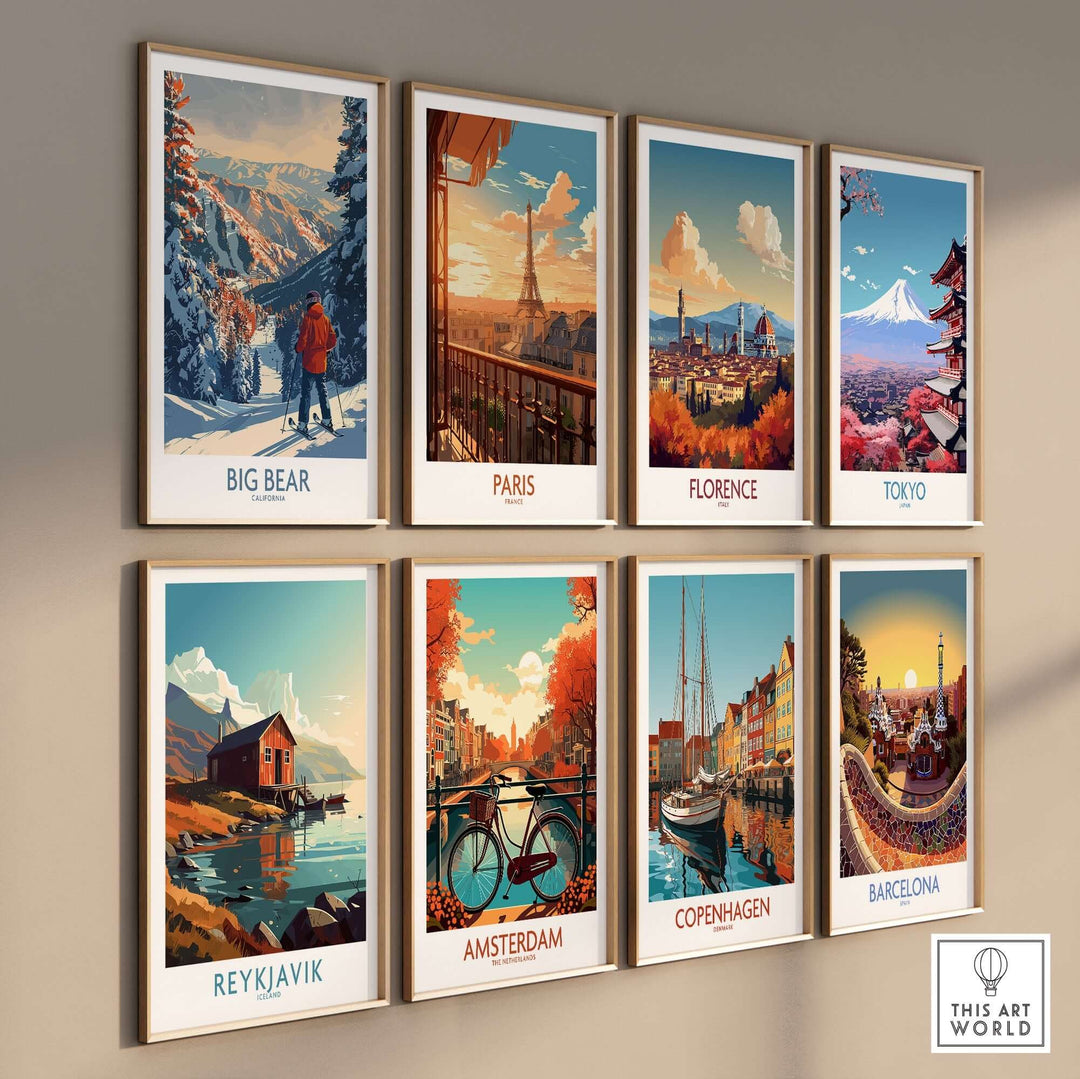 Colorful travel art prints on a wall featuring cities like Big Bear, Paris, Florence, and Tokyo. Perfect for decor enthusiasts.