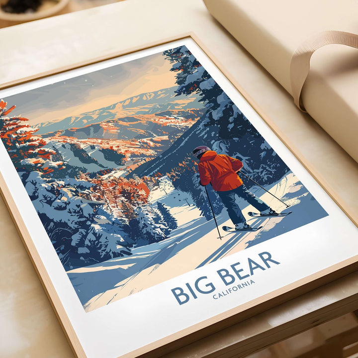 Big Bear Ski Print showcasing skier on snowy slopes in California mountains, perfect for ski enthusiasts and home decor.