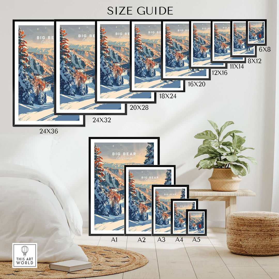 Big Bear Travel Poster size guide displaying various frame sizes in a cozy living space with a plant and decor.