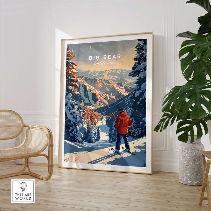 Big Bear Travel Poster showcasing scenic California landscapes with a skier in vibrant colors. Perfect for travel enthusiasts.