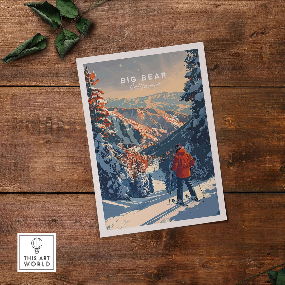 Big Bear Travel Poster showcasing scenic California mountains with a skier amid vibrant landscapes and snowy slopes.