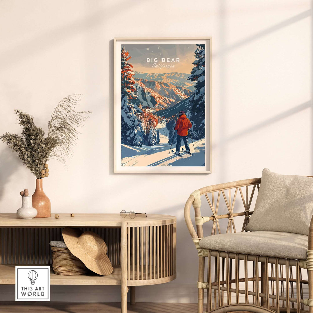 Big Bear travel poster showcasing snowy mountain landscapes, perfect for home decor and inspiring adventures.