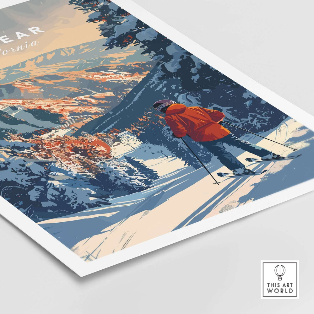 Big Bear Travel Poster showcasing a skier in vibrant landscapes, perfect for travel enthusiasts and home decor.