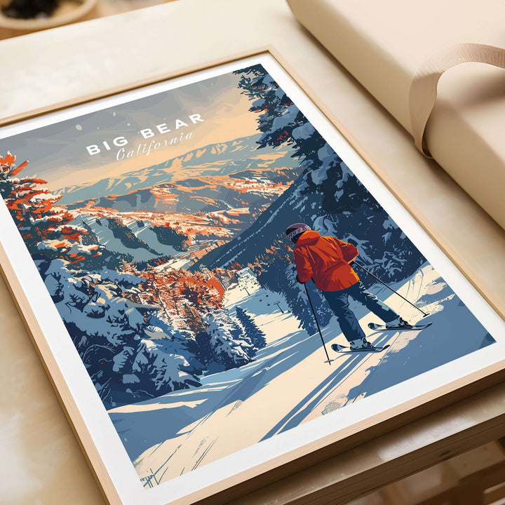 Big Bear travel poster in California featuring a skier in a snowy landscape, perfect for travel and adventure lovers.