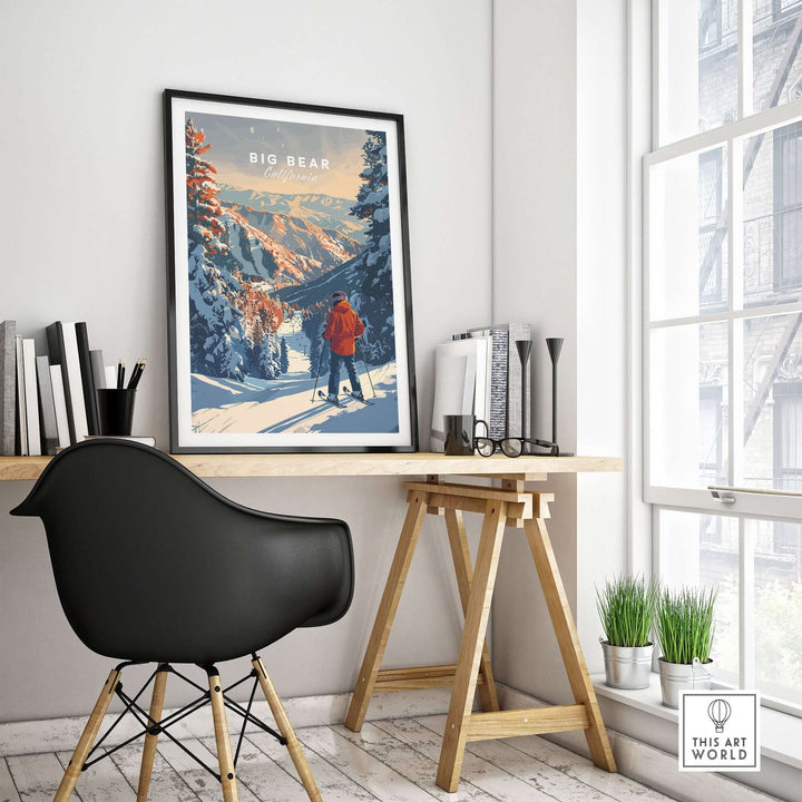 Big Bear travel poster showcasing scenic landscapes in a stylish home office setting, inspiring adventure and wanderlust.