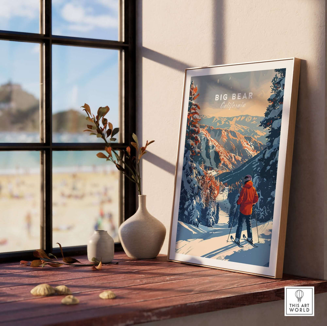 Big Bear travel poster displayed in a sunlight-filled room, showcasing beautiful landscapes in California.