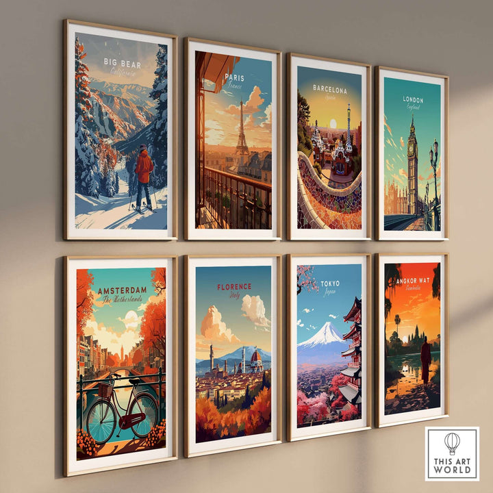 Big Bear travel poster among vibrant city posters of Paris, Barcelona, London, Amsterdam, Florence, Tokyo, and Angkor Wat.