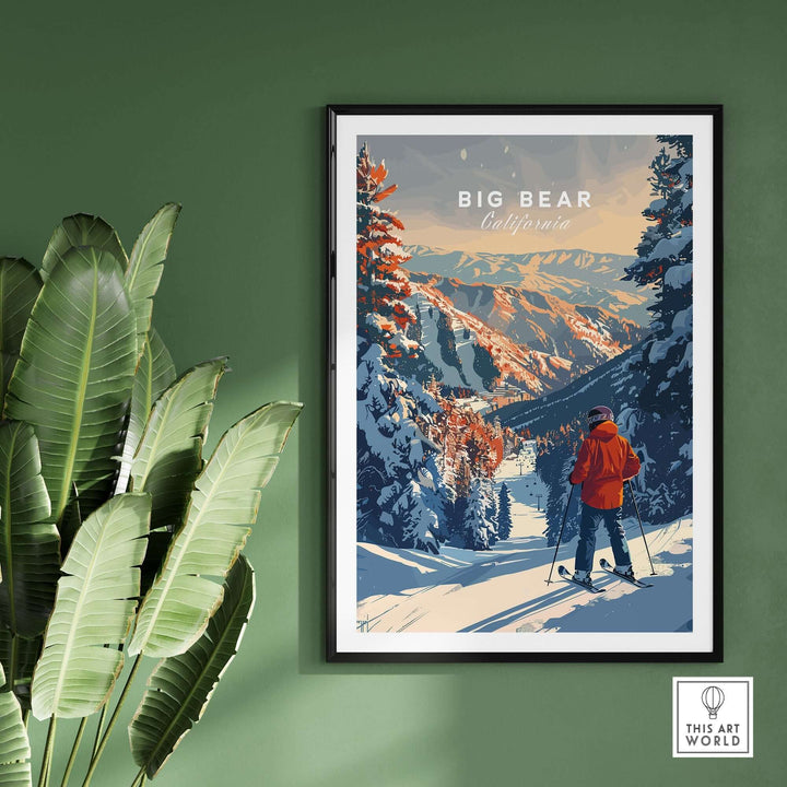 Big Bear travel poster showcasing scenic California landscapes and a skier, perfect for travel décor.