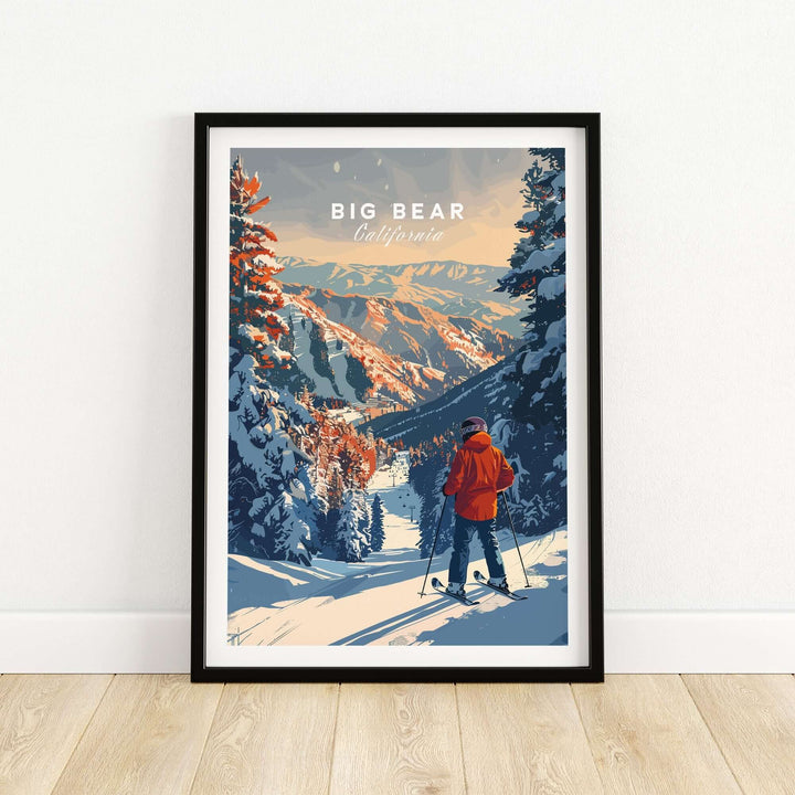 Big Bear travel poster featuring a skier against stunning California mountain scenery in vibrant colors.