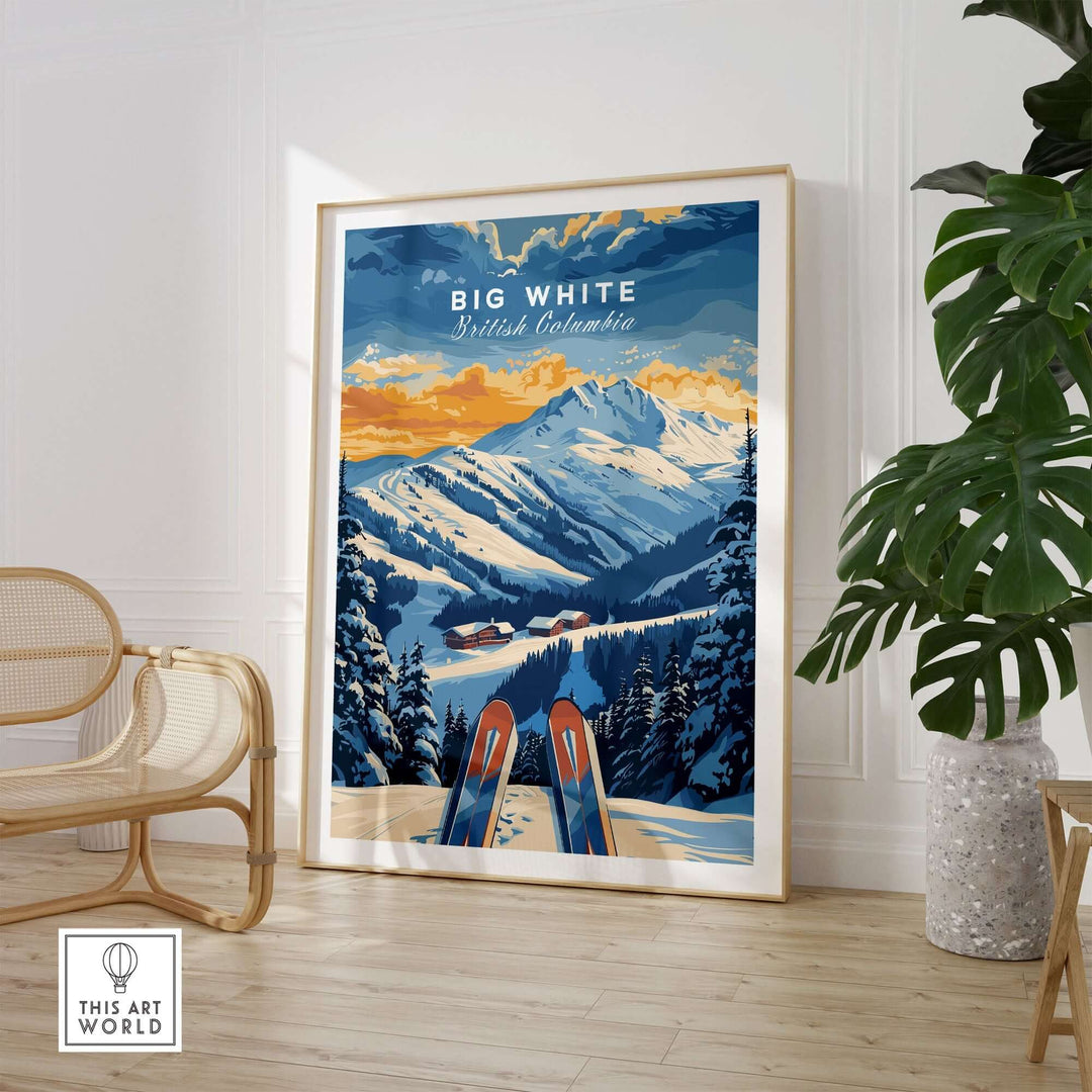 Big White Ski Poster of British Columbia featuring Canadian Rockies, perfect for decorating walls and inspiring ski adventures.