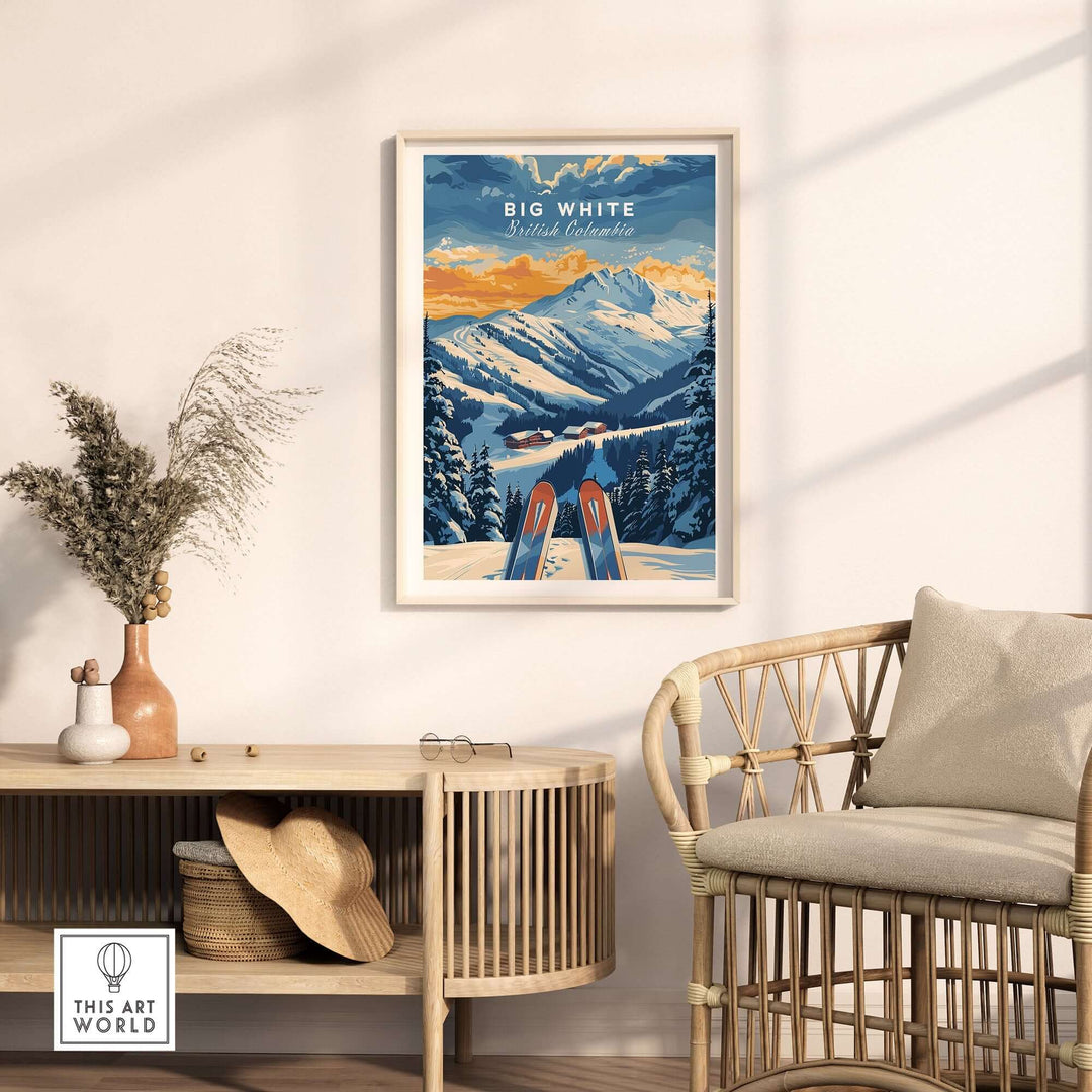 Big White Ski Poster on wall, showcasing Canadian Rockies and ski slopes, British Columbia, inspiring snow adventure decor.