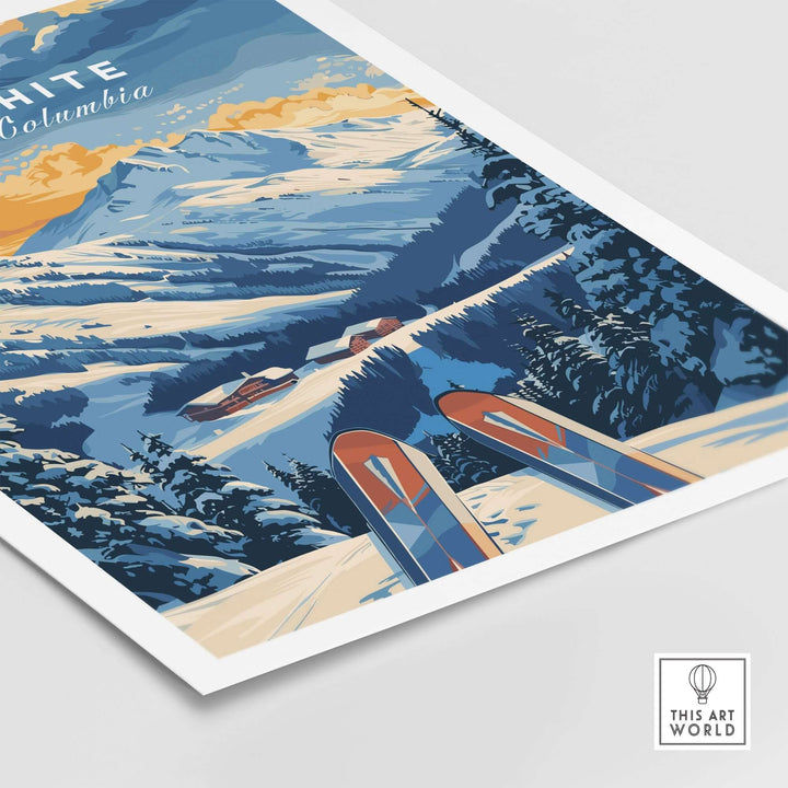 Big White Ski Poster featuring breathtaking views of British Columbia's snow-covered mountains and Canadian Rockies scenery.