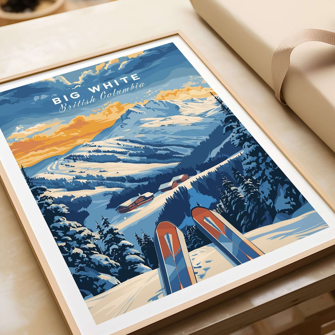 Big White Ski Poster featuring Canadian Rockies in British Columbia, ideal wall decor for ski enthusiasts.