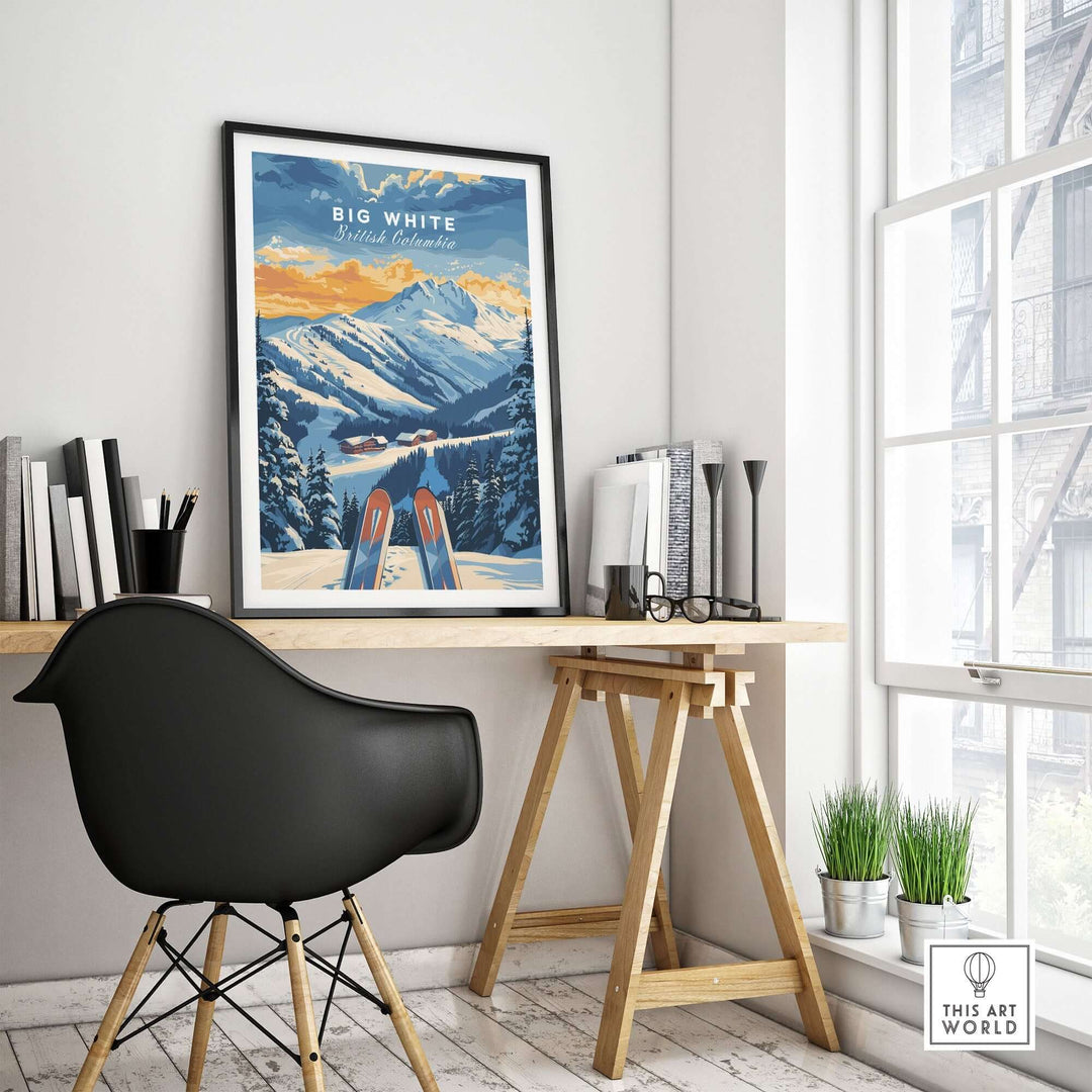 Big White Ski Poster in modern room, showcasing British Columbia's stunning views, perfect for ski enthusiasts and wall decor.