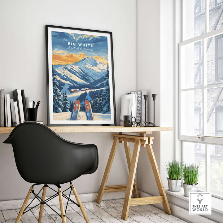 Big White Ski Poster in modern room, showcasing British Columbia's stunning views, perfect for ski enthusiasts and wall decor.