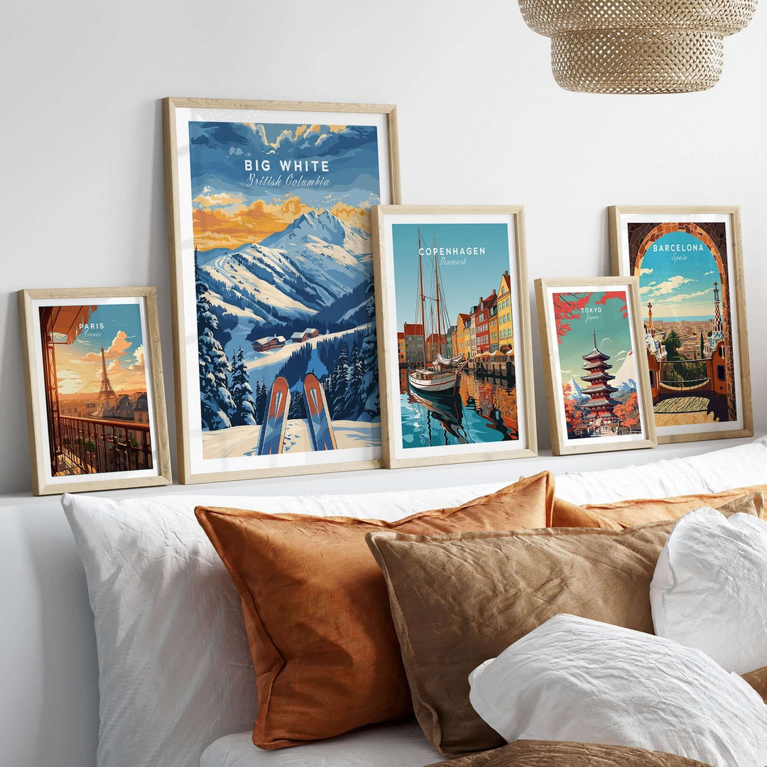 Big White Ski Poster for British Columbia featuring stunning Canadian Rockies, displayed with travel-themed wall art collection.