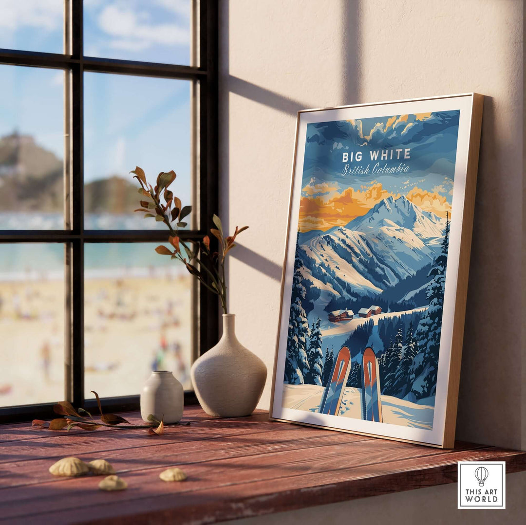 Big White Ski Poster showcasing Canadian Rockies in British Columbia, set on a windowsill with scenic mountain views. Ski poster art.