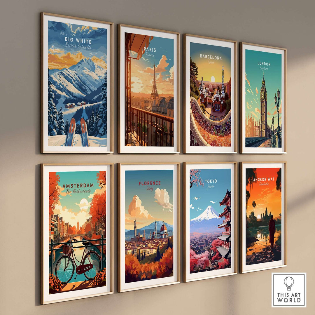 Wall display featuring travel posters of various cities including Big White in British Columbia, showcasing scenic destinations.