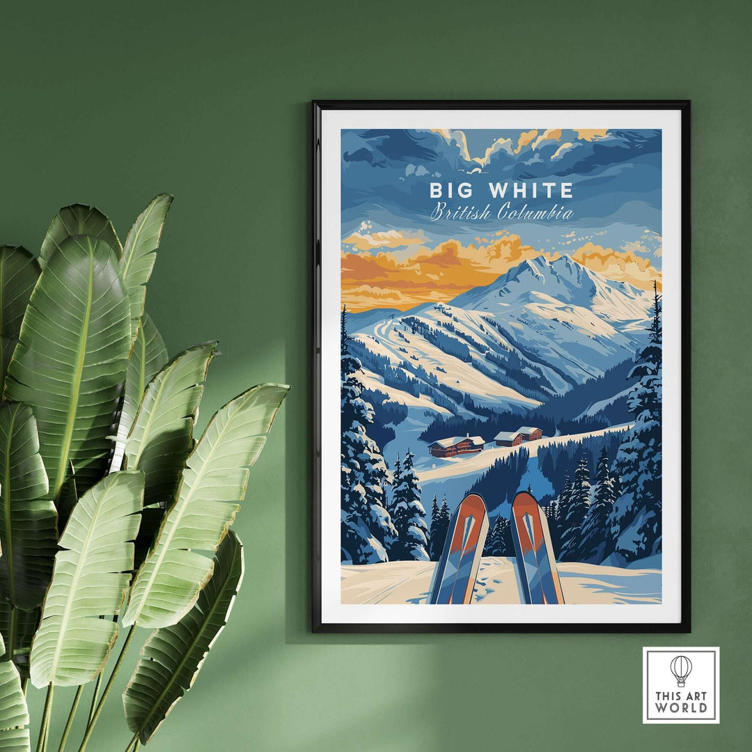 Big White Ski Poster featuring Canadian Rockies, British Columbia, ski adventure decor with stunning mountain views.