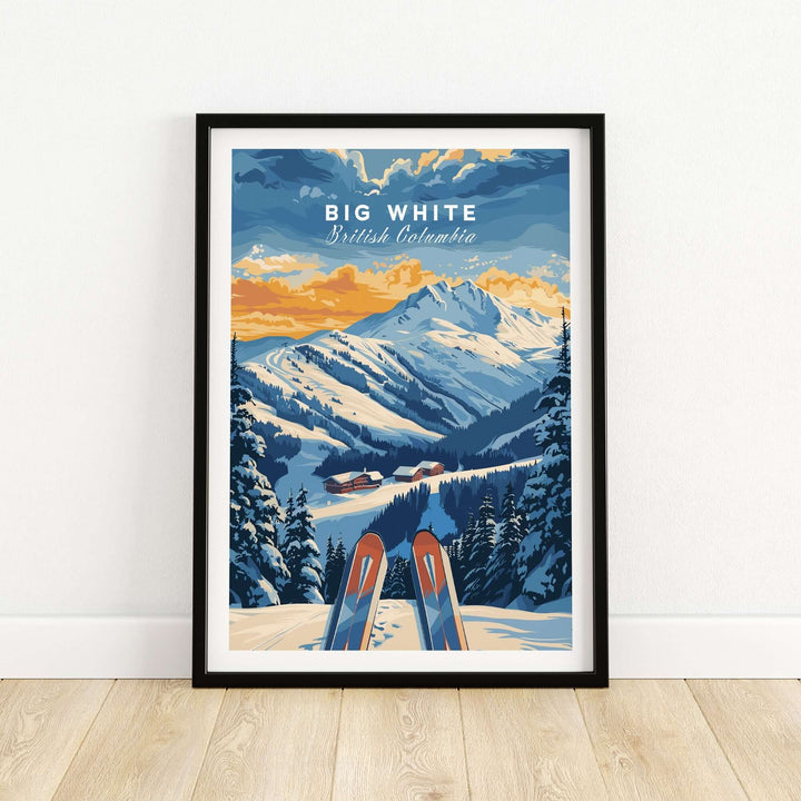 Big White Ski Poster - British Columbia with snowy mountains and skis, perfect for ski enthusiasts and decor lovers.