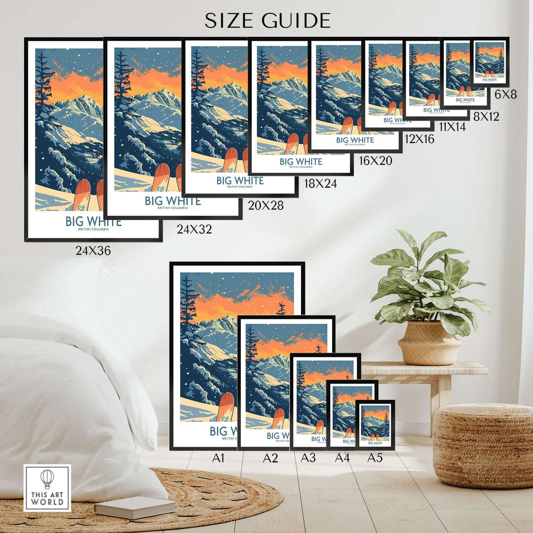 Size guide for Big White Ski Print featuring various frame sizes and a cozy living room setting.