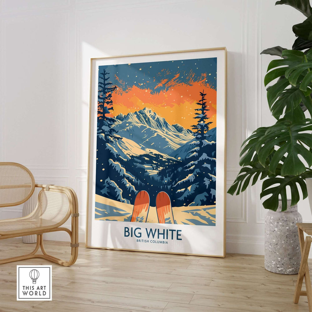 Big White Ski Print showcasing snowy mountains and sunset in British Columbia, perfect for ski enthusiasts' home decor.