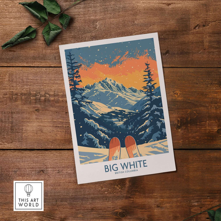 Big White Ski Print featuring stunning mountain scenery in British Columbia with ski equipment in the foreground.