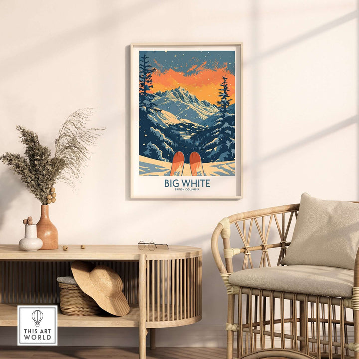 Big White Ski Print showcasing vivid mountains and sunset, perfect for ski enthusiasts' home decor in British Columbia.