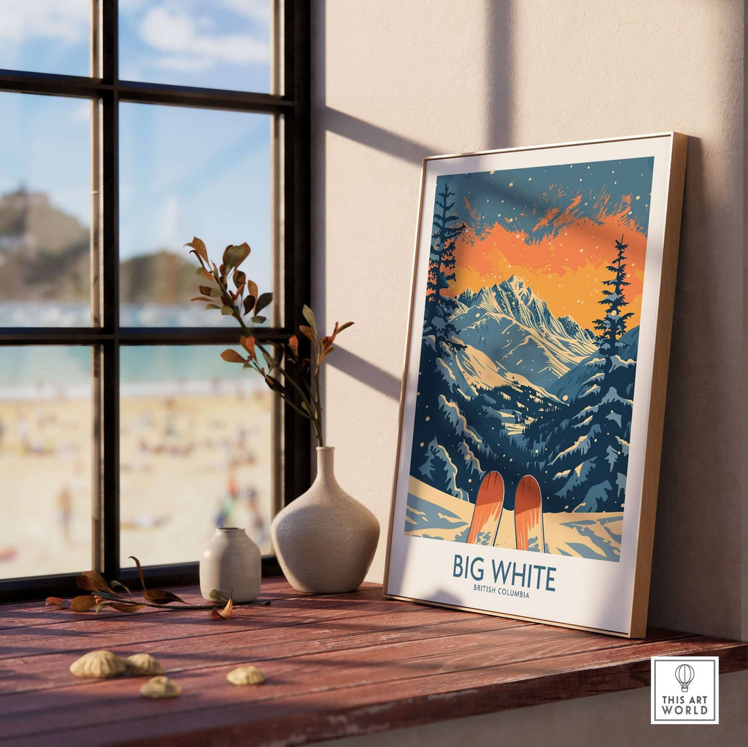 Big White Ski Print featuring majestic mountains and skis, perfect for home decor inspired by British Columbia's slopes.