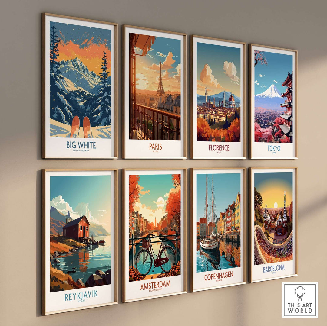 Gallery of travel posters featuring Big White, Paris, Florence, Tokyo, Reykjavik, Amsterdam, Copenhagen, and Barcelona.