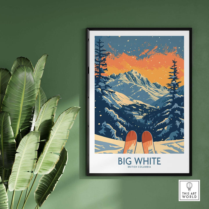 Big White Ski Print featuring stunning snowy mountains and evergreen trees, perfect for ski enthusiasts and home decor.