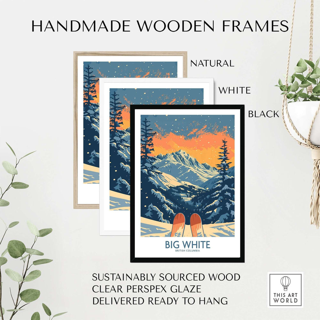 Handmade wooden frames in natural, white, and black showcasing the Big White Ski Print from British Columbia.