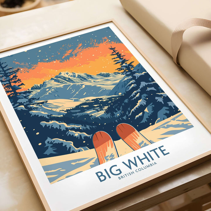 Big White Ski Print featuring snow-covered mountains and skis, showcasing the beauty of British Columbia's ski slopes.