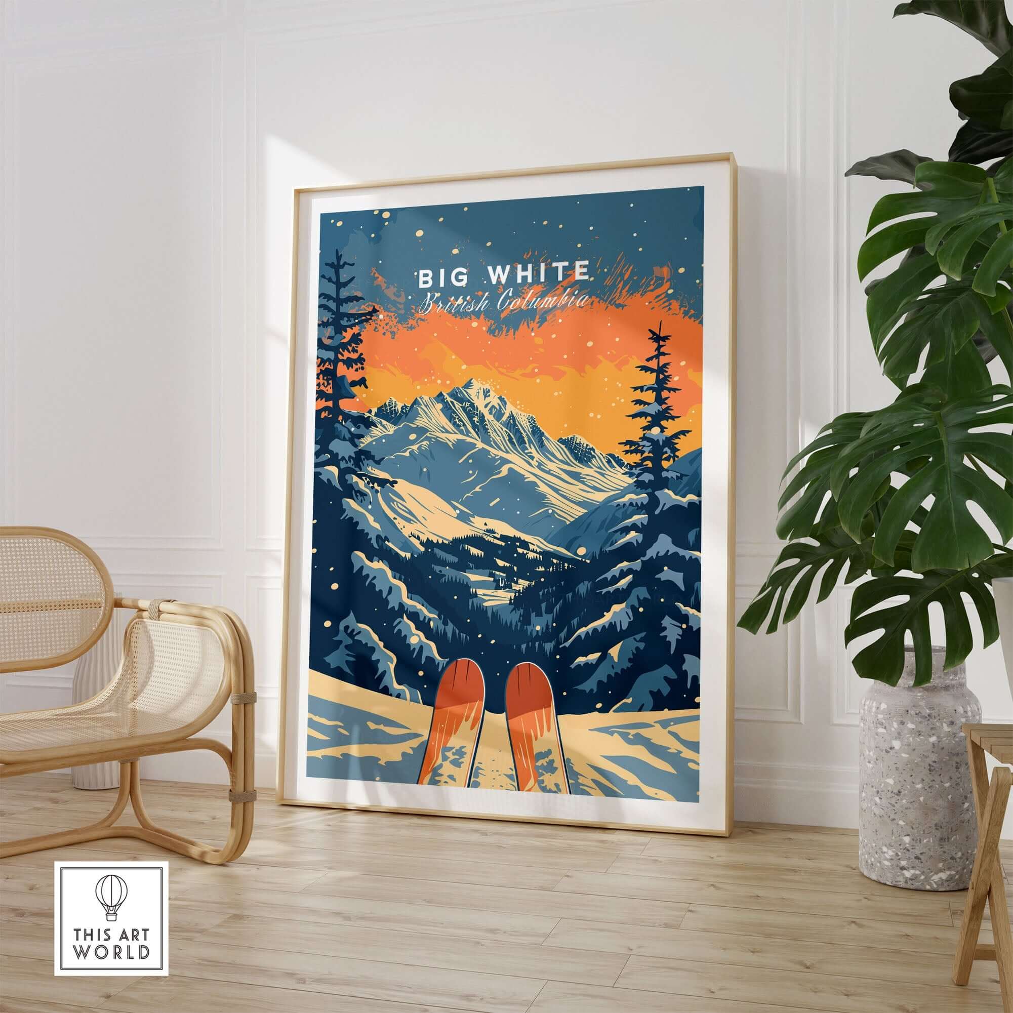Big White travel poster showcasing snowy mountain landscapes and vibrant colors, perfect for home decor and ski enthusiasts.