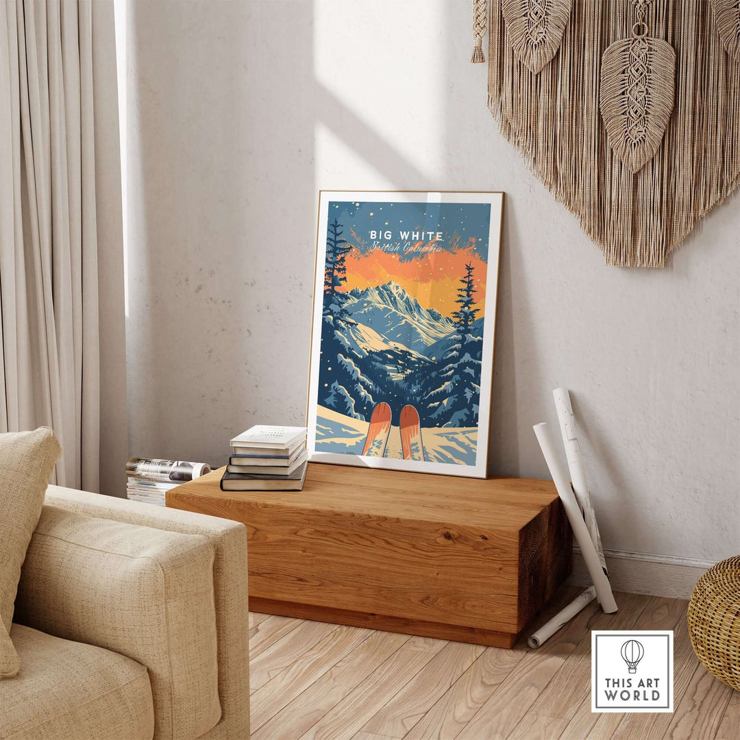 Big White Travel Poster showcasing British Columbia's mountains and ski culture in a cozy home setting.