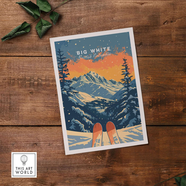 Big White travel poster showcasing stunning British Columbia landscapes with skis in foreground and vibrant colors.